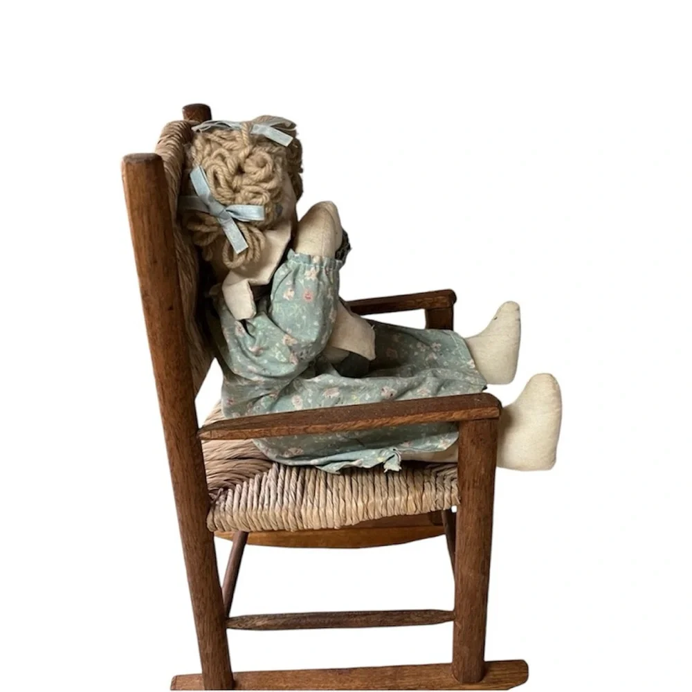 Stuffed Rag Doll with Wooden Wicker Rocking Chair